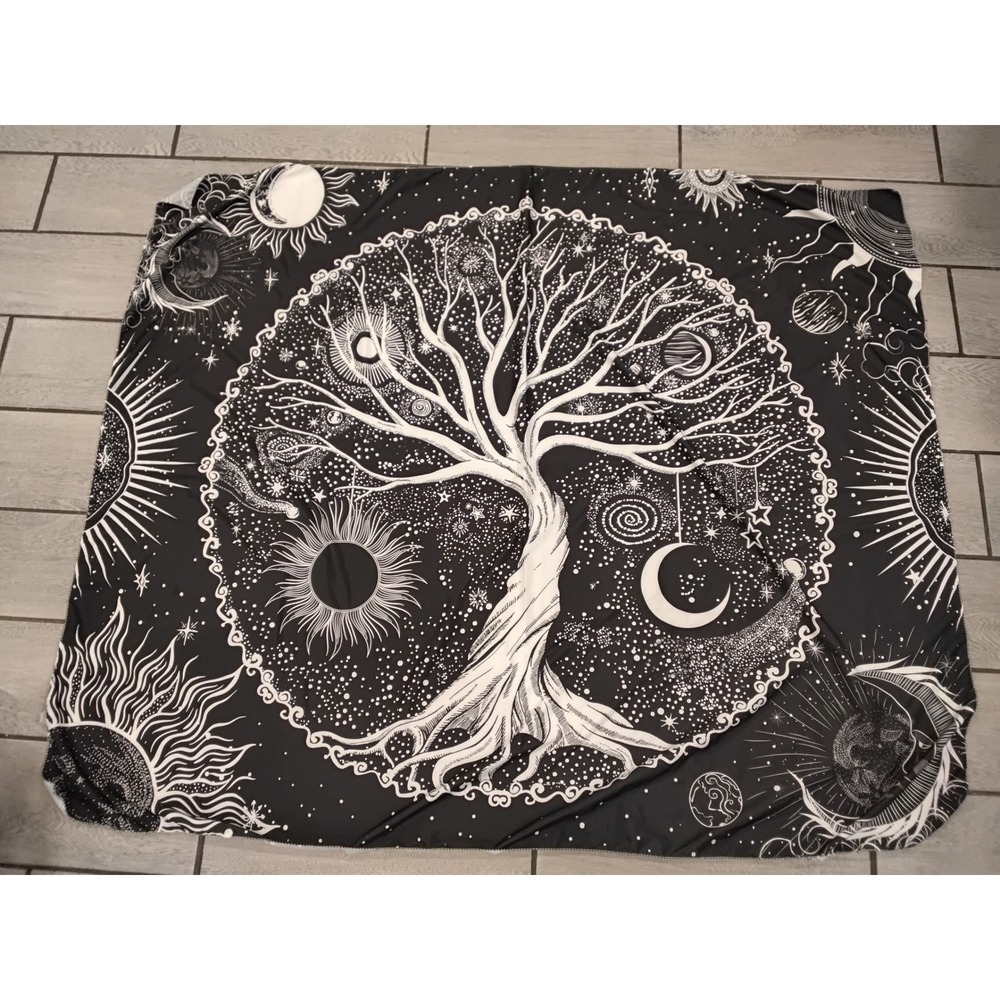 Black and White Tree of Life Celestial Tapestry Wall Hanging Sun Moon 59x51